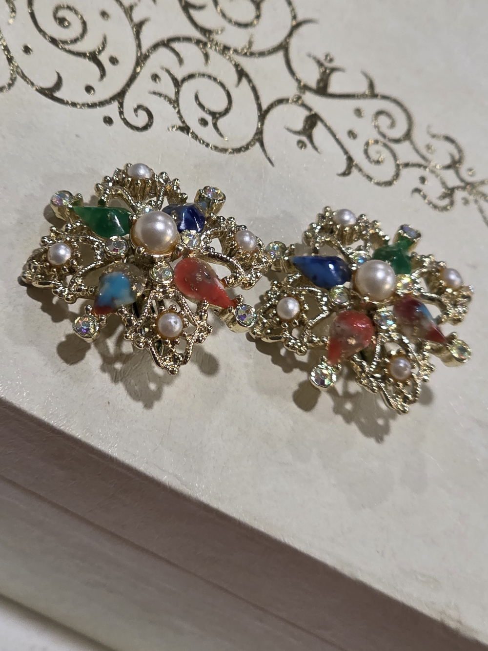 Sarah Coventry Gold-Tone Multicolor Crystal & Pearl Clip-On Earrings-signed
